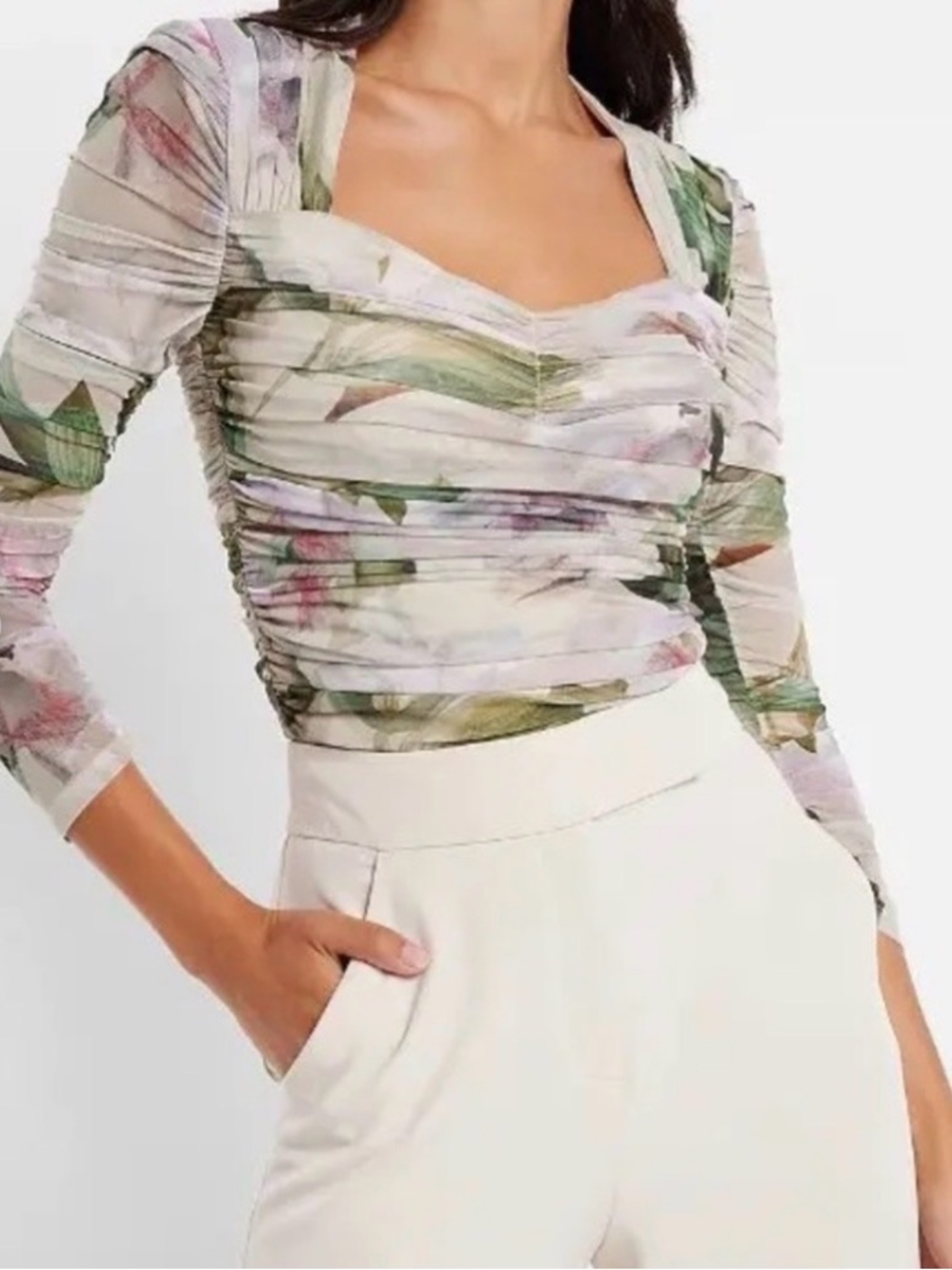 NWT Express Floral Ruched Sheer Top - Cream, Pink, Green - Picture 5 of 5